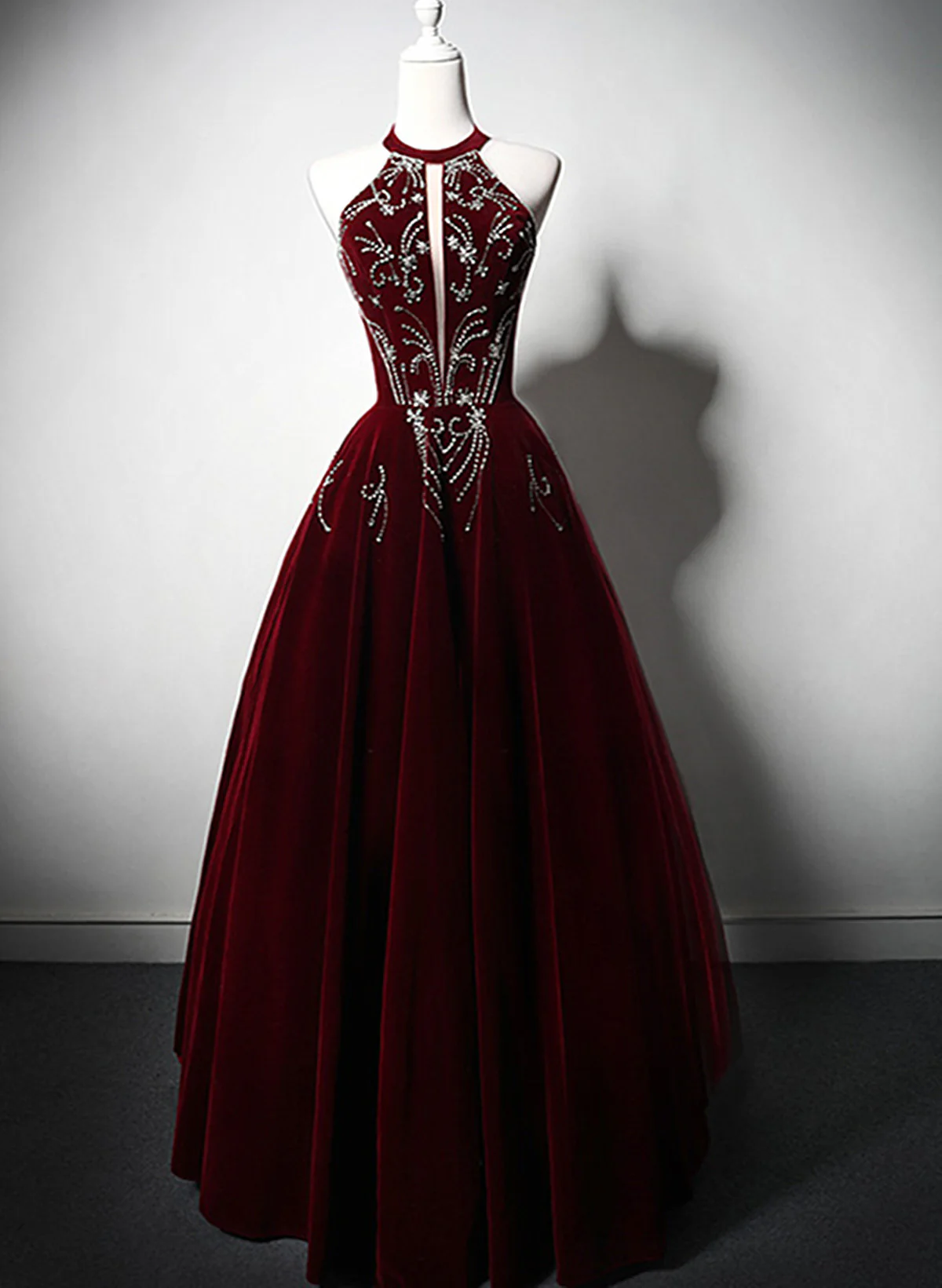 Burdundy Halter Velvet Long Beaded Prom Dress Formal Evening Gown DP220