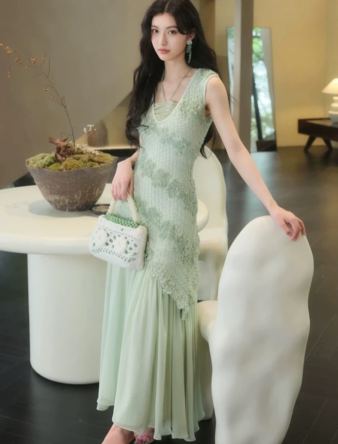 Summer Green A Line V Neck Lace Chiffon Prom Dress Evening Dress DP5429
