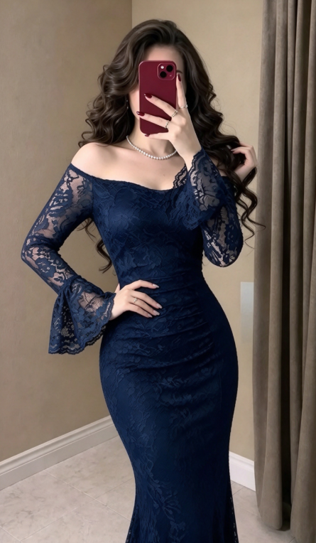Navy Blue Sheath Long Sleeve Lace Prom Dress Evening Dress Outfits DP7188