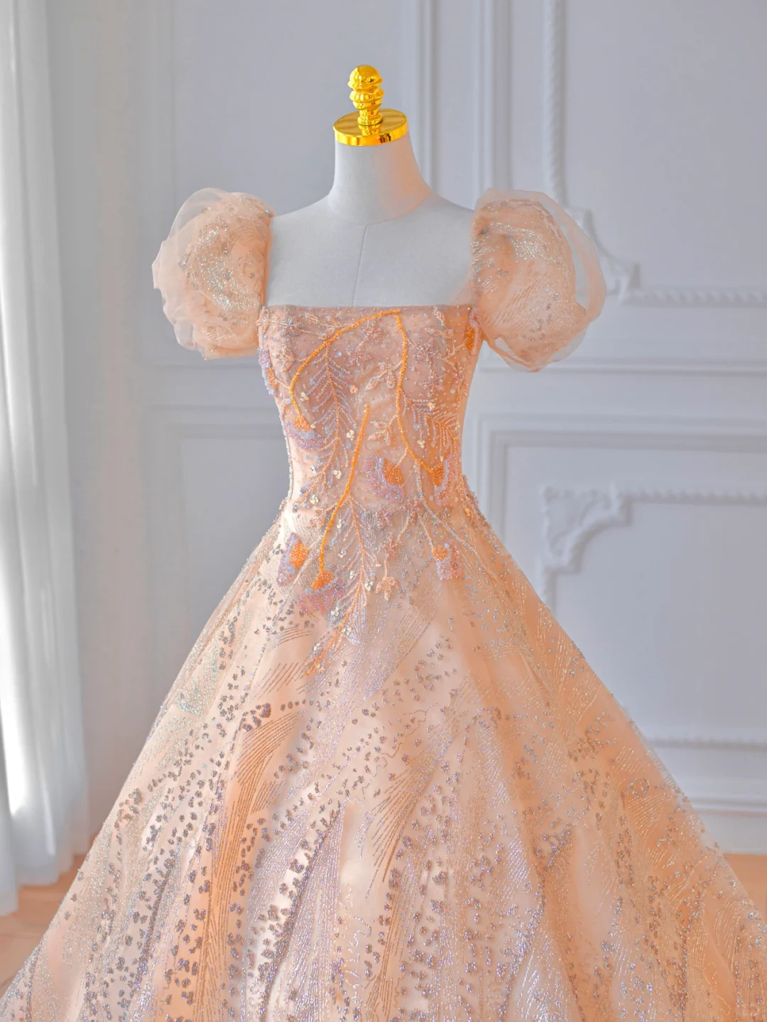 Orange A Line Puff Sequin Beaded Tulle Long Prom Dress Party Dress DP2724