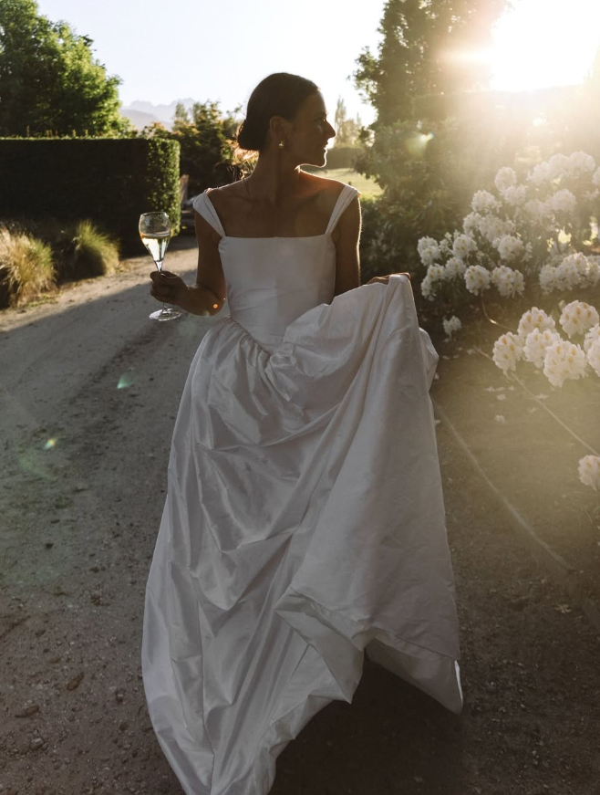 Classic A Line Spaghetti Strap Satin Long Sweep Wedding Dress DP1881