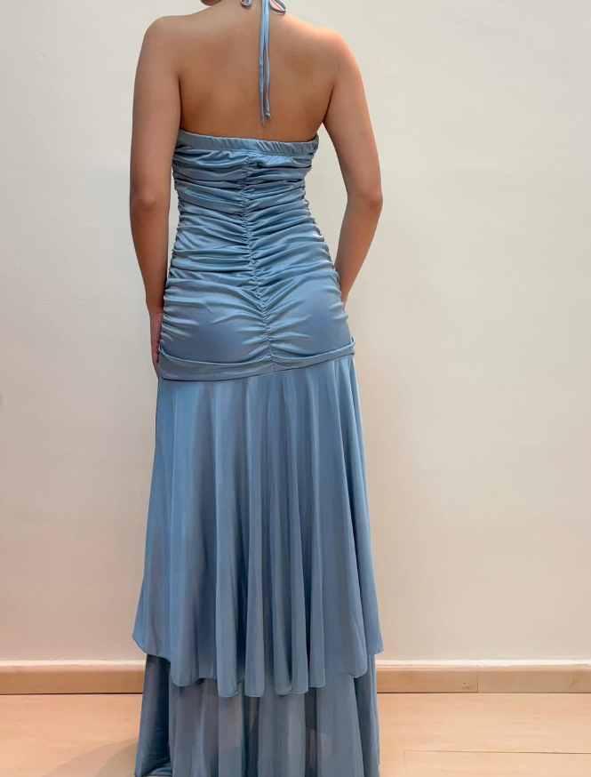 Vintage Mermaid Halter Tiered Blue Satin Prom Dress Evening Dress DP1666