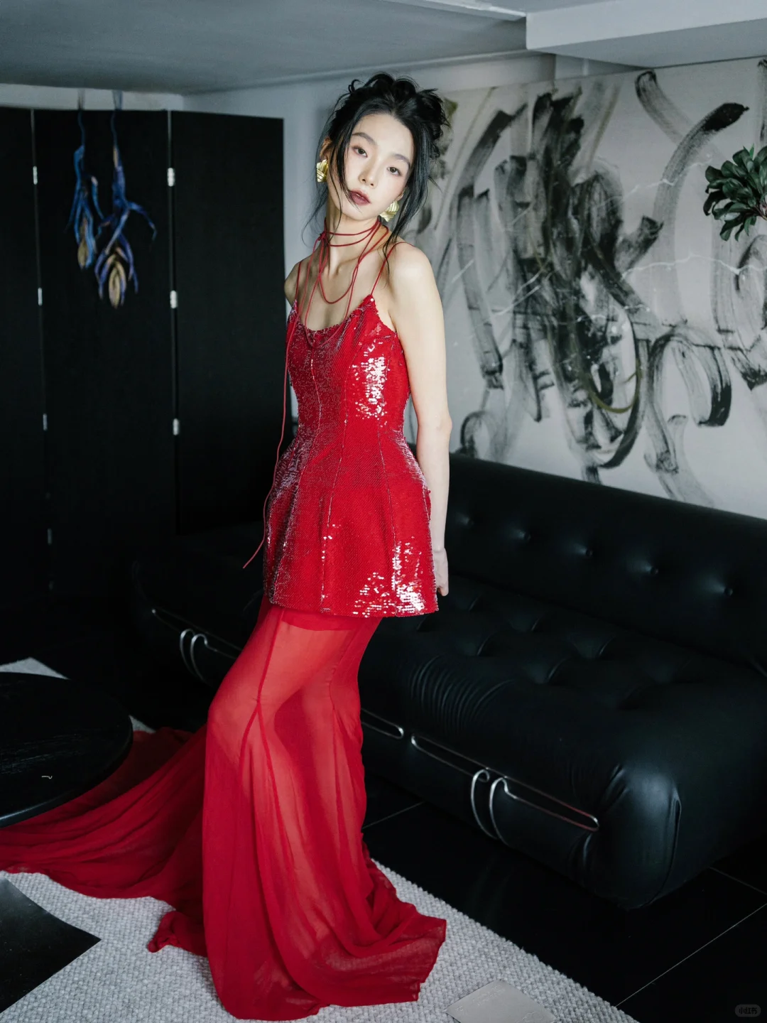 Shiny Mermaid Spaghetti Strap Red Sequin Chiffon Long Party Dress Prom Dress DP2536