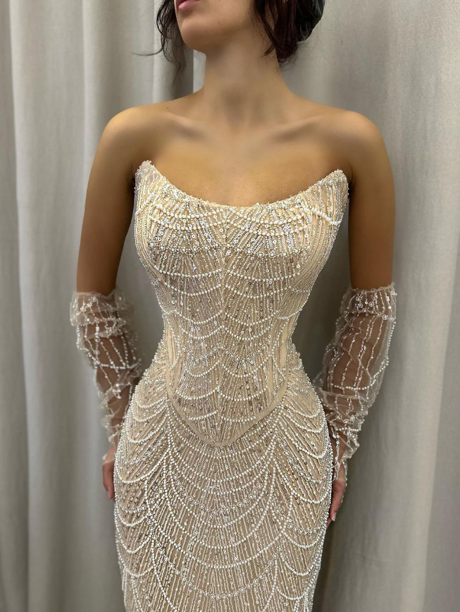 Luxurious Sheath Strapless Beaded Pearl Champagne Satin Prom Dress DP5732