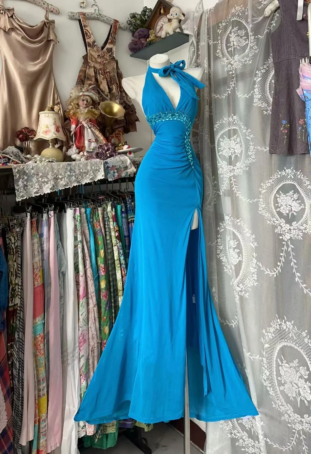 Vintage Bright Blue Mermaid Halter Beaded Chiffon Slit Prom Dress Evening Dress DP5245