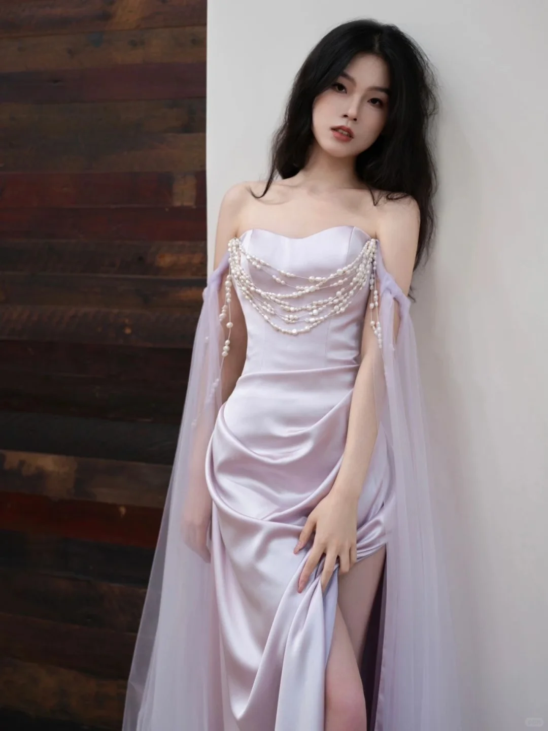Purple Sheath Off the Shoulder Pearl Satin Tulle Party Dress Evening Dress DP2547