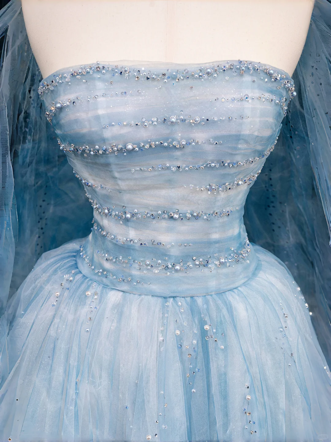 Romantic A Line Strapless Beaded Baby Blue Tulle Long Prom Dress Graduation Prom Dress DP2049