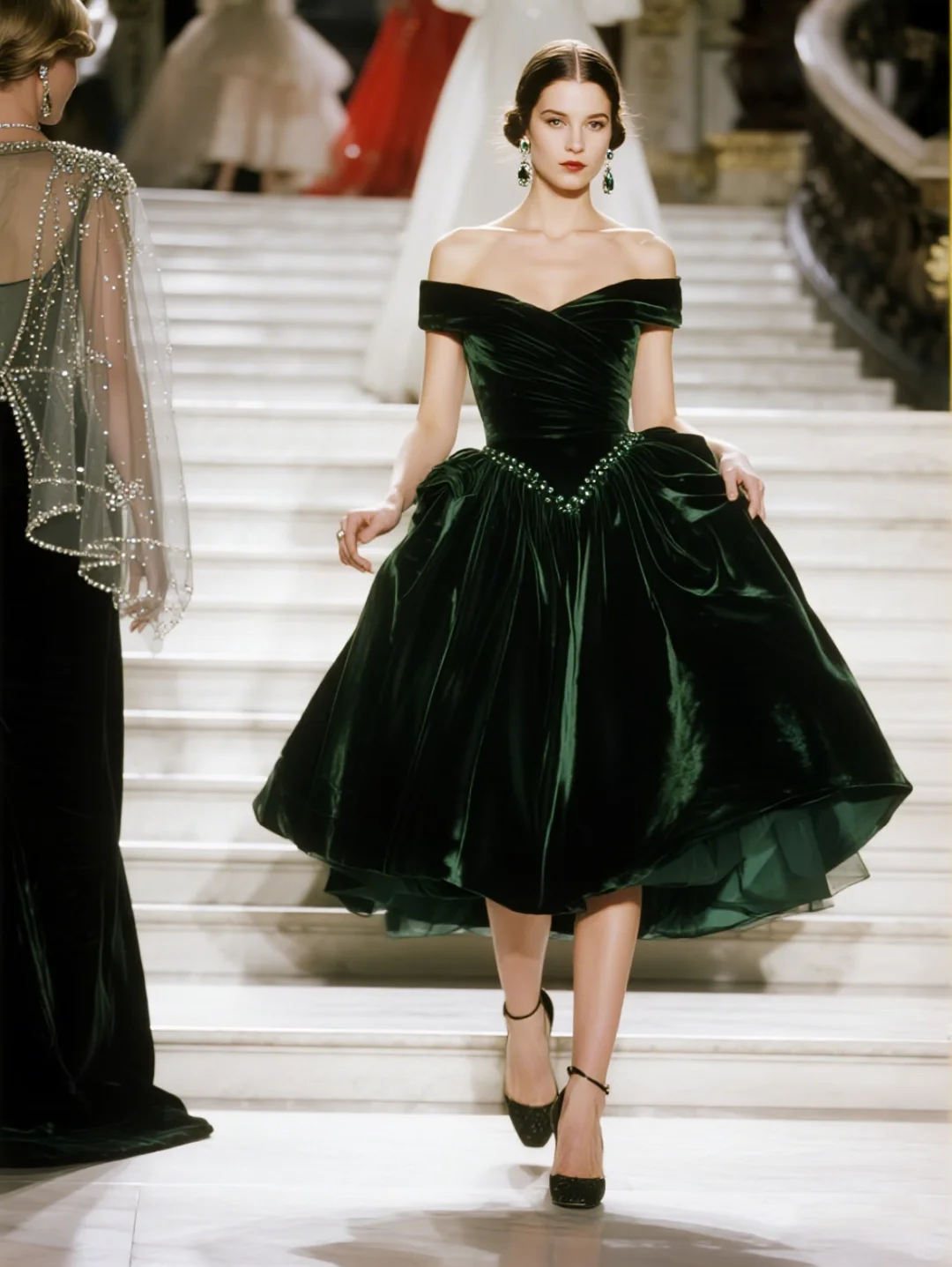 Vintage A Line Off the Shoulder Beaded Velvet Prom Dress Evening Dress DP4656