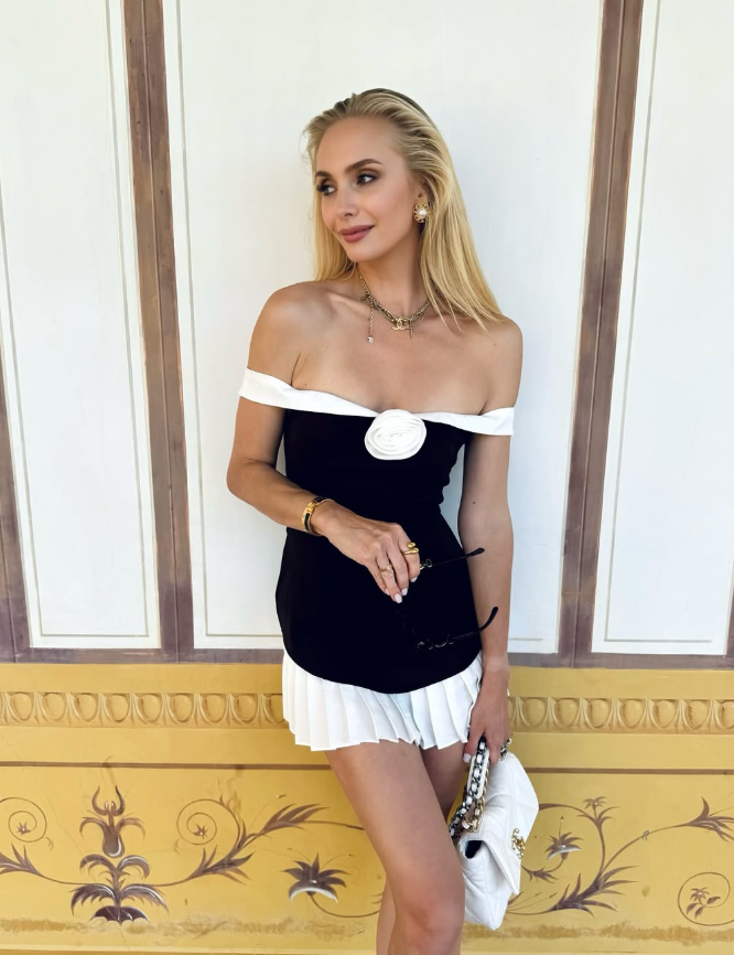 Classic White Black A Line Off the Shoulder Pleated Satin Short Homecoming Dress Cocktail Dress DP3222