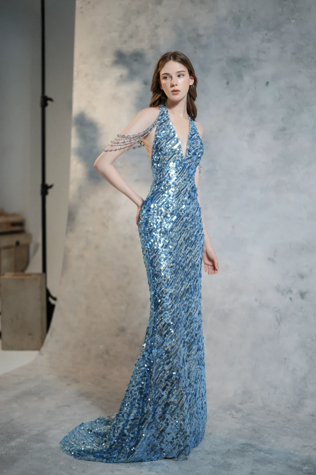 Sexy Blue Mermaid V Neck Beaded Sequin Open Back Long Prom Dress Formal Dress DP3332