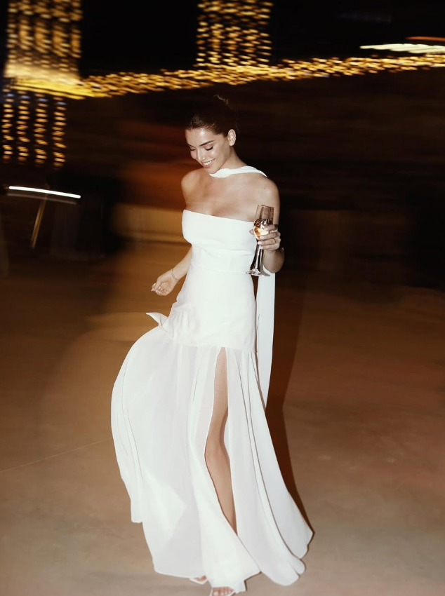 White Flowy Simple A Line Strapless Satin Chiffon Prom Dress Formal Dress with Slit DP3216