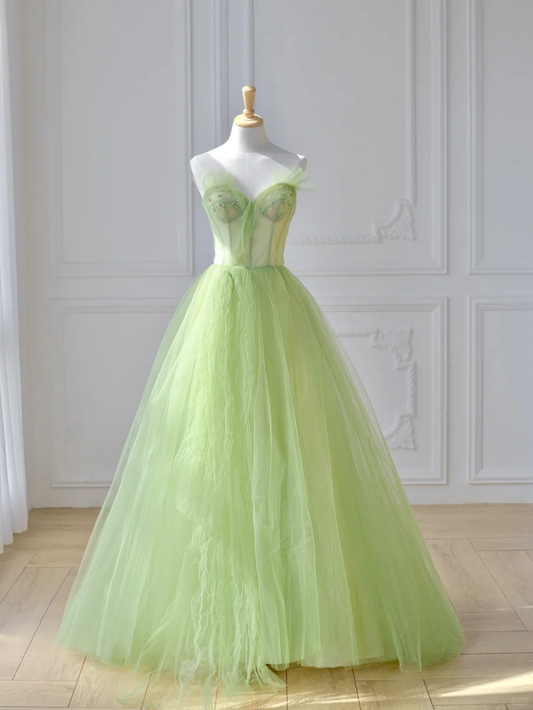 Green A Line Sweetheart Neck Beaded Tulle Long Prom Dress Party Dress DP2723