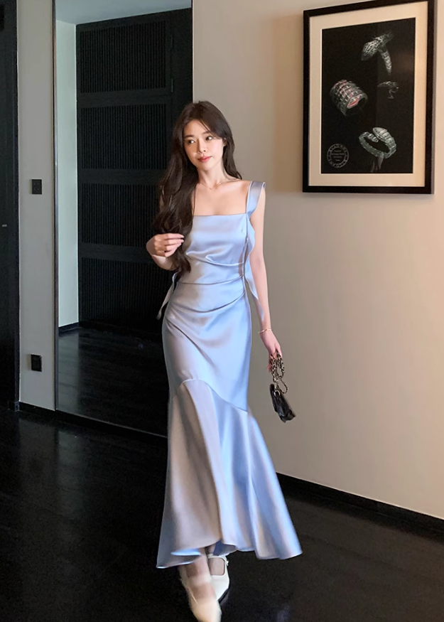 Gentle Blue Mermaid Straps Satin Prom Dress Formal Dress Evening Dress DP3452