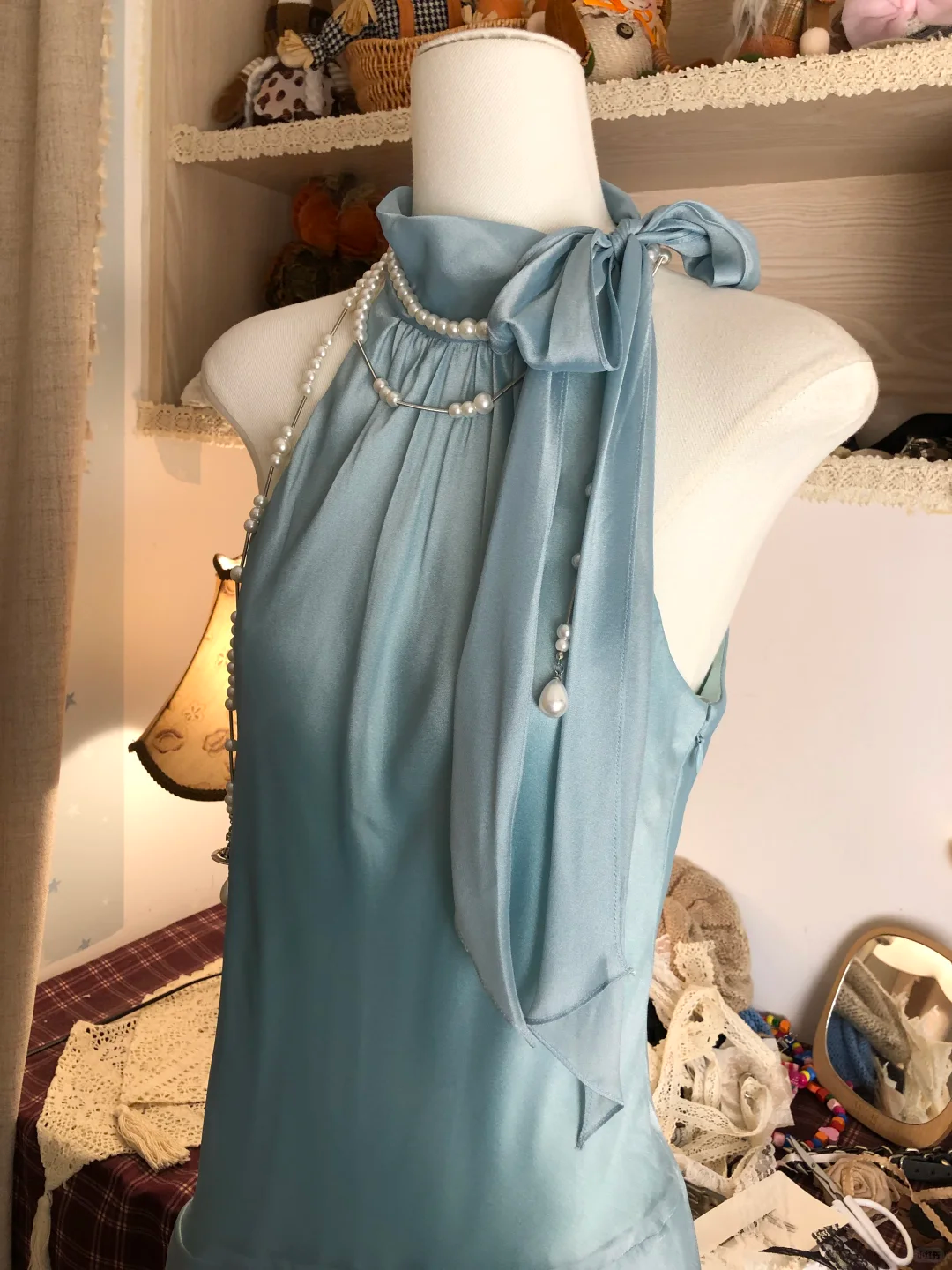 Cute A Line Halter Layered Bow Blue Satin Short Cocktail Dress Homecoming Dress DP2437