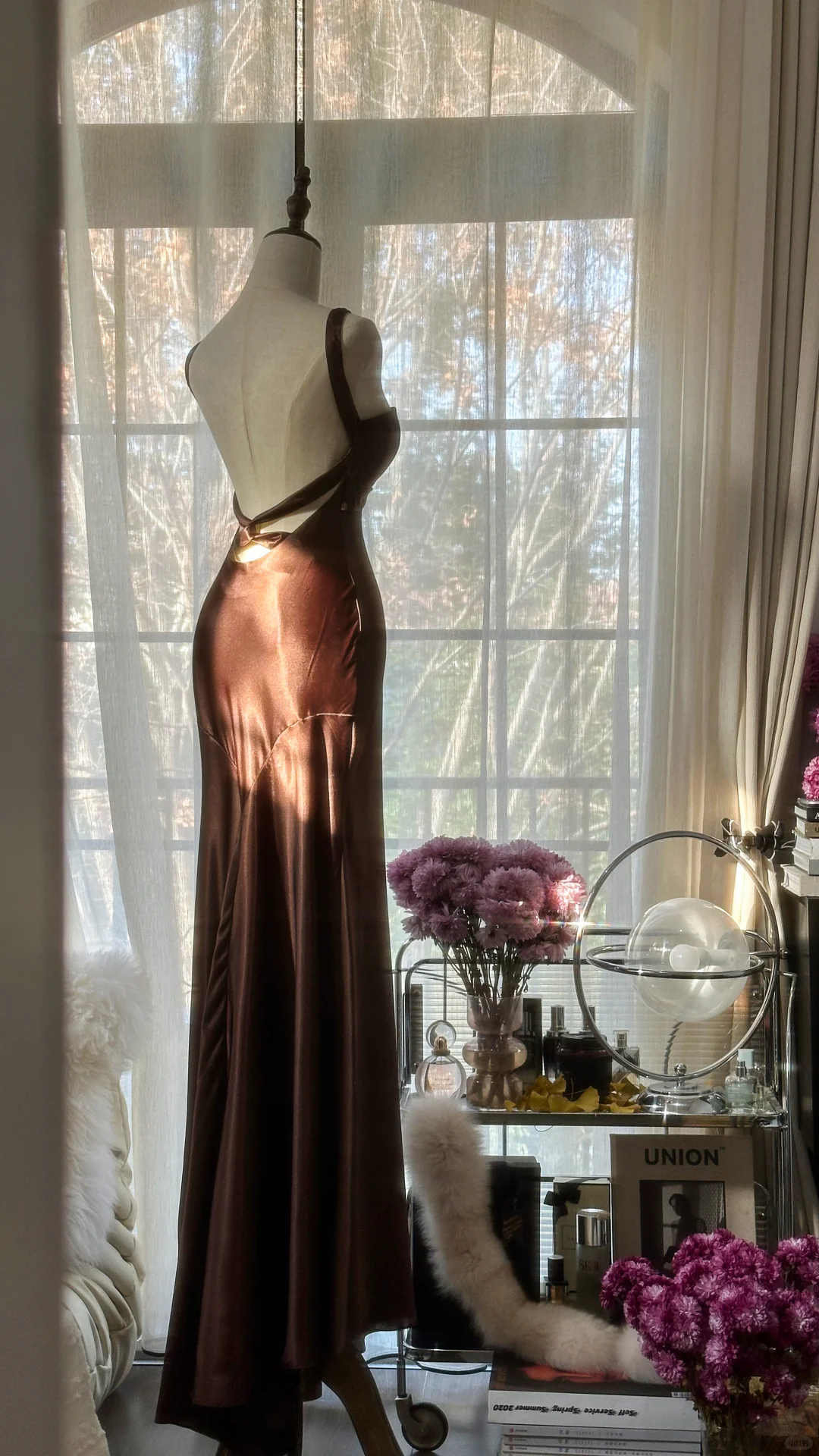 Sexy Mermaid Halter Brown Satin Long Open Back Party Dress Evening Dress DP2475