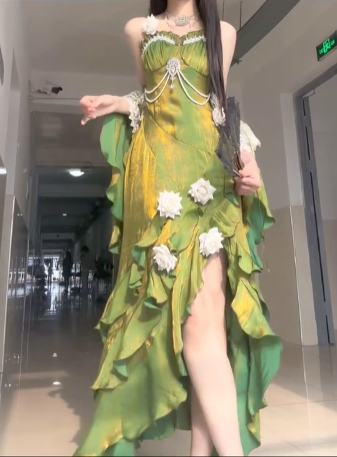 Stunning Green Mermaid Strap Rose Layered Satin Prom Dress Graduation Ball Gown DP4560