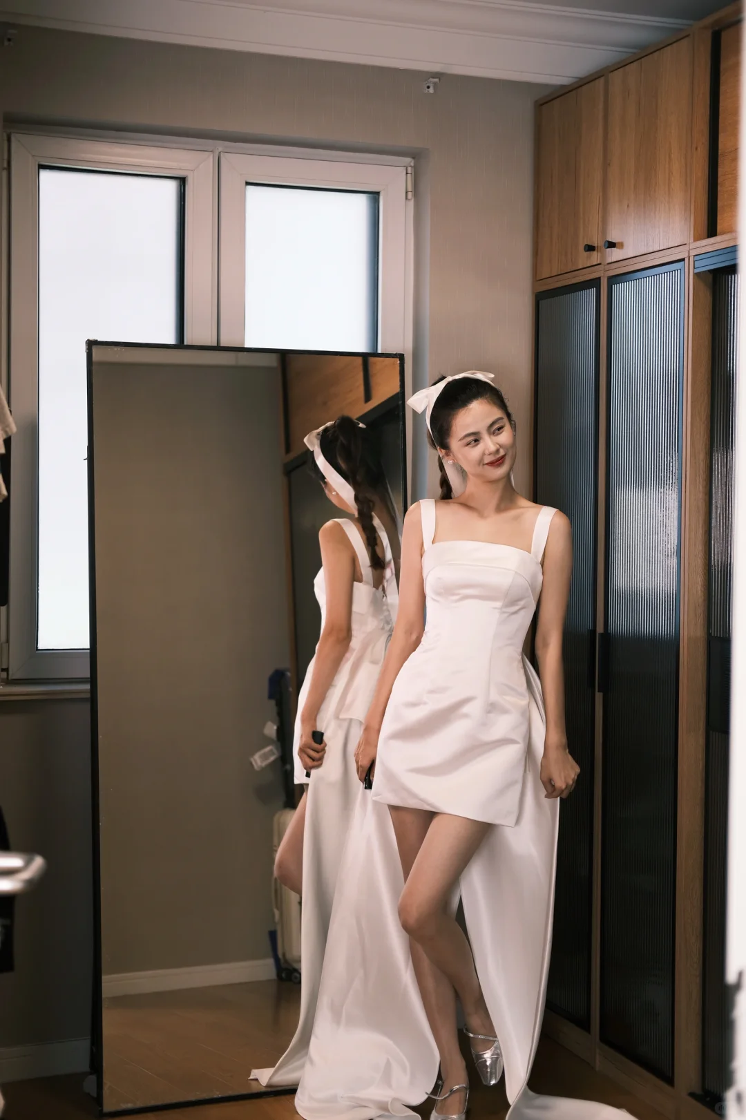 Simple A Line Strap White Satin Homecoming Dress Birthday Dress with Bow DP2696