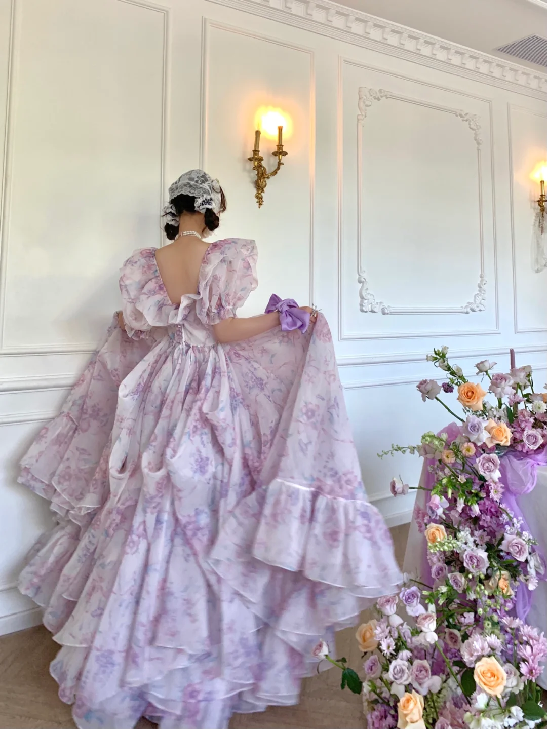 Purple Ball Gown Puff Print Floral Ruffle Chiffon Long Party Dress Birthday Dress with Slit DP2423