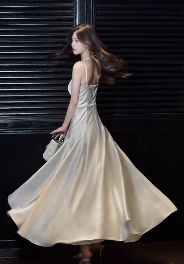Simple White Spaghetti Strap Satin Prom Dress Evening Dress Party Dress DP3589
