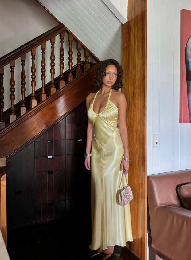 Elegant A Line Halter Yellow Bow Satin Open Back Prom Dress Graduation Prom Dress DP2167