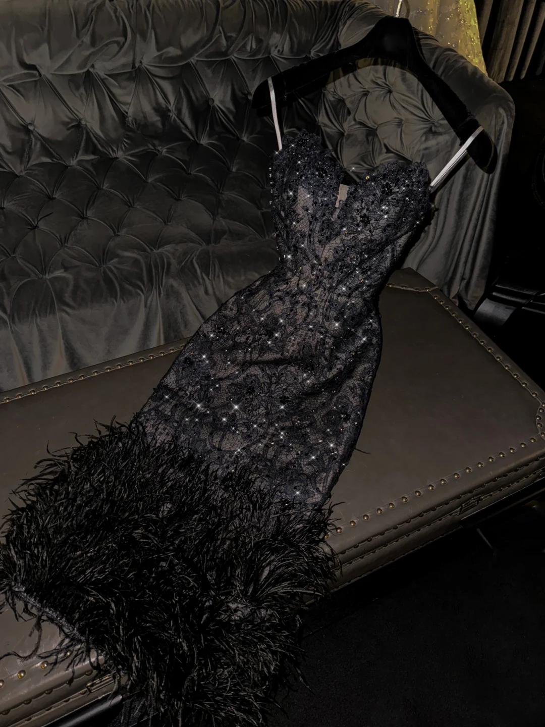 Sexy Sheath Sweetheart Neck Black Sequin Feather Lace Long Prom Dress Evening Dress DP2086