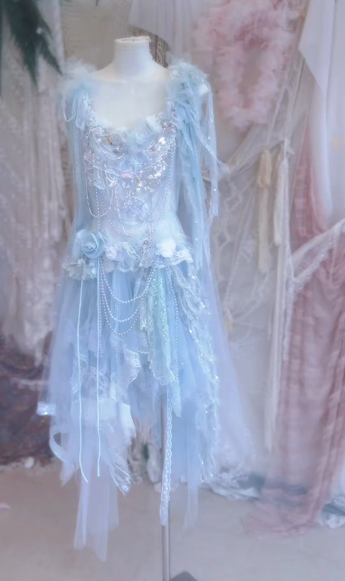 Baby Blue A Line Straps Floral Beaded Tulle Short Prom Dress 16th Birthday Dress DP3794
