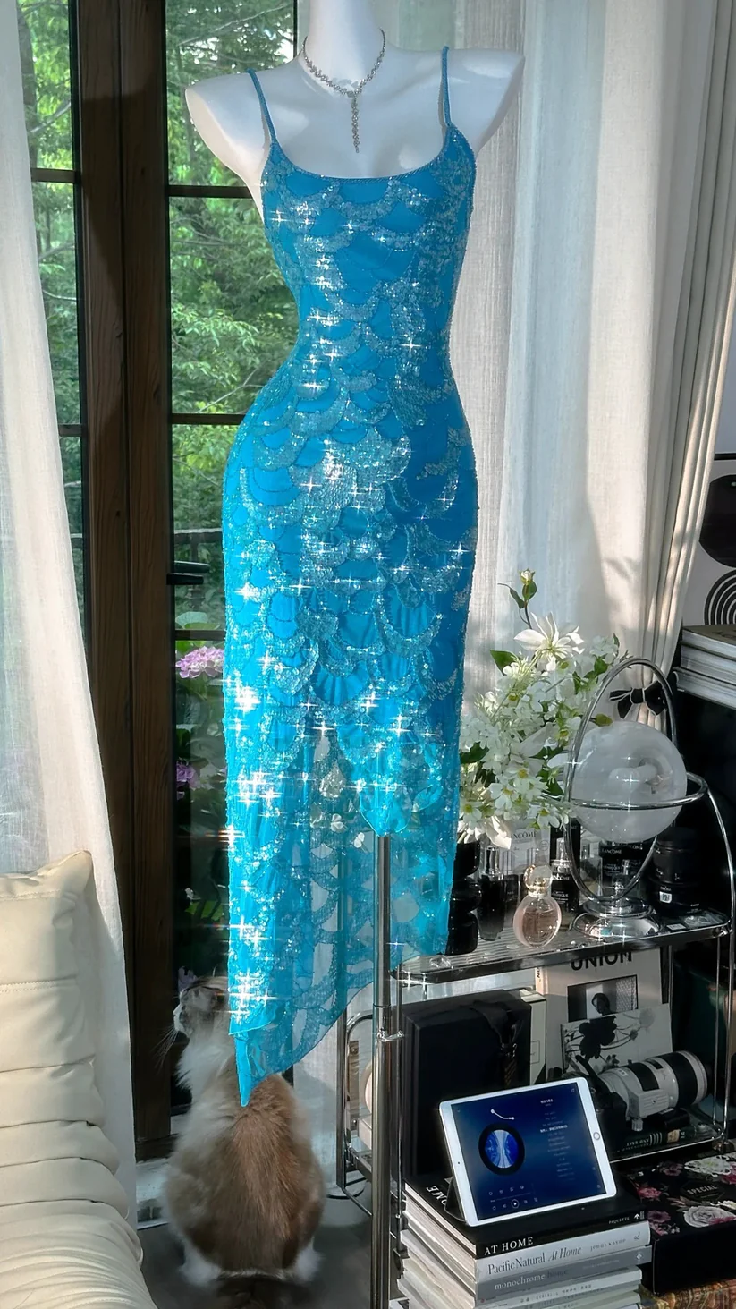 Blue Sparkling Sequin Long Tulle Ball Gown Evening Gown Birthday Gown Wedding Gown DP2913