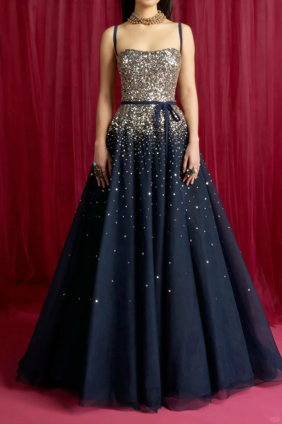 Dark Navy Blue A Line Spaghetti Strap Silver Sequin Tulle Prom Dress Evening Dress DP4478