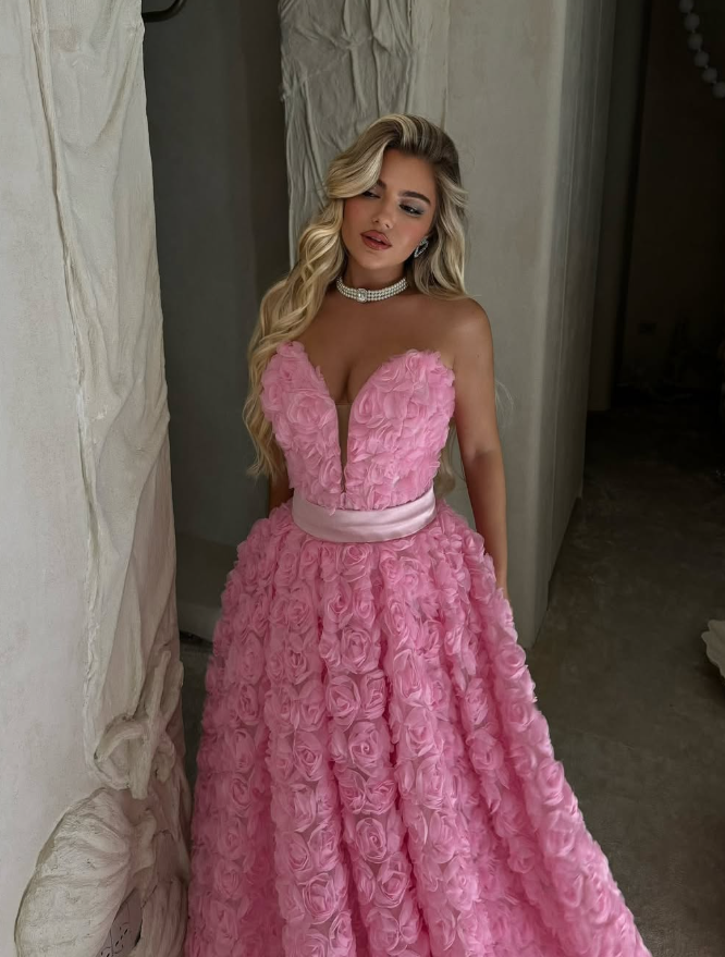 Pink Rose A Line Sweetheart Neck Tulle Long Prom Dress Evening Dress DP6795
