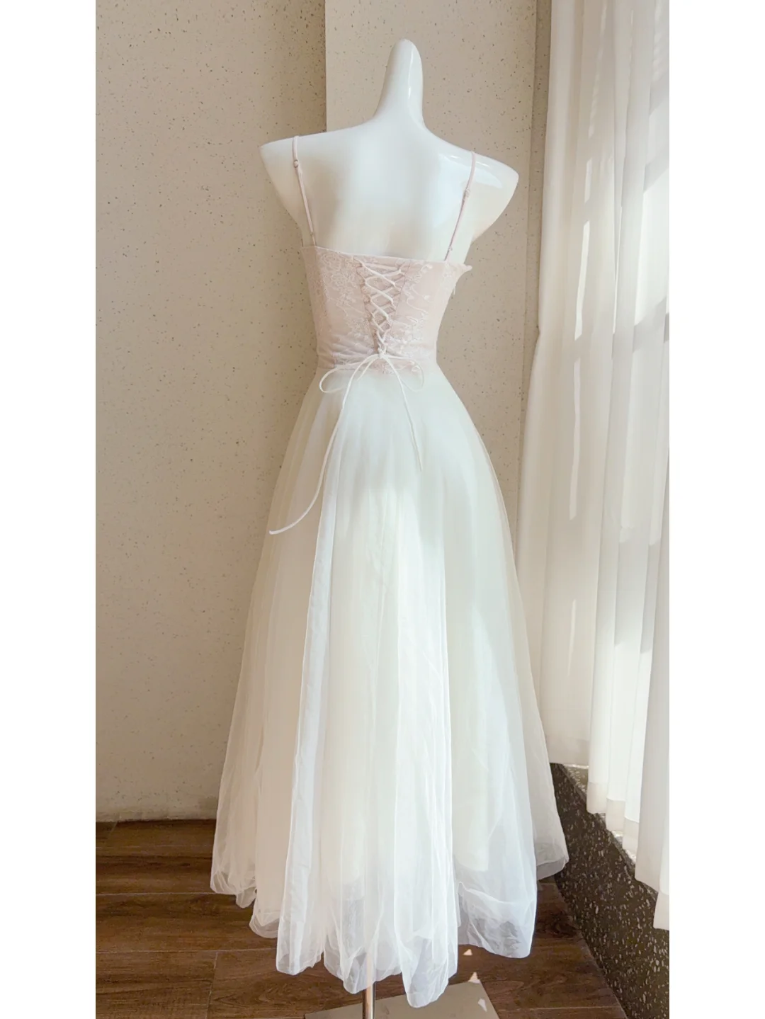 Gentle A Line Spaghetti Straps White Lace Tulle Party Dress Cocktail Dress DP2705