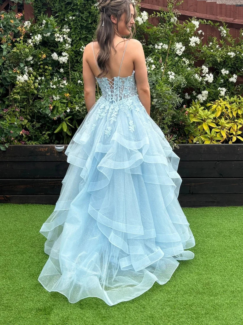 Baby Blue A Line Spaghetti Strap Lace Ruffle Tulle Evening Dress Prom Dress DP7661