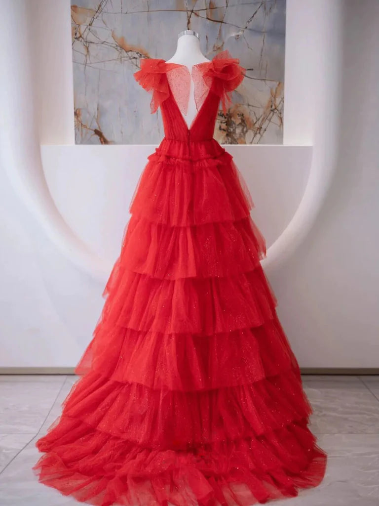 V Neck Red Tulle Layered Long Prom Dresses Ball Gown DP989