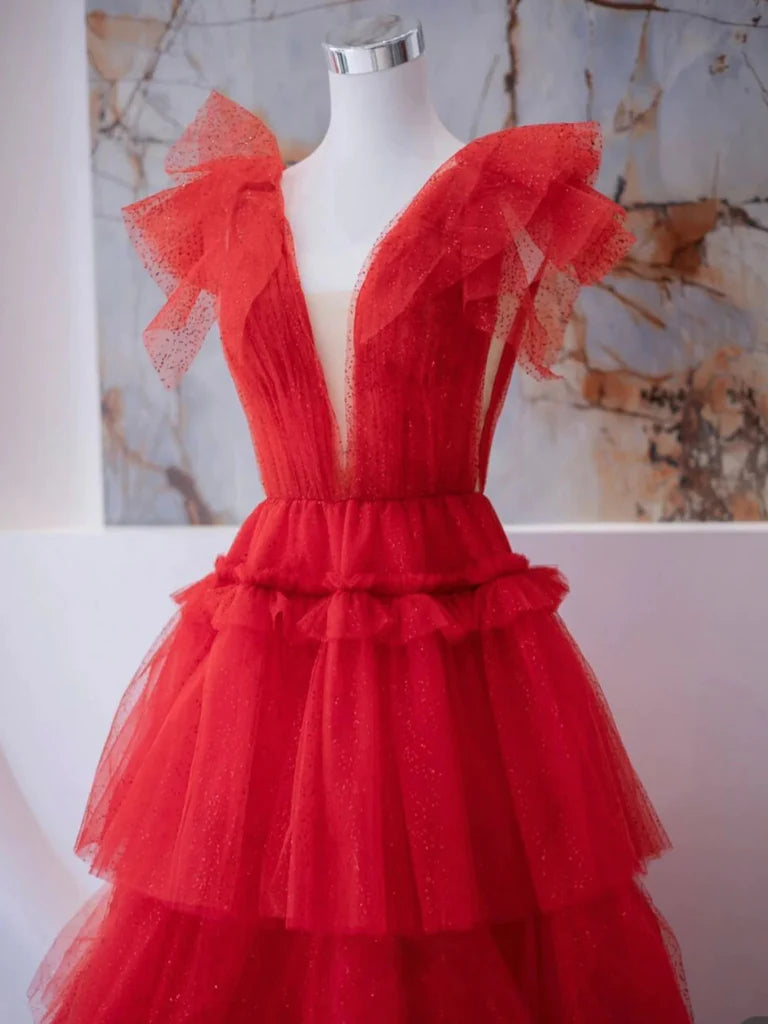 V Neck Red Tulle Layered Long Prom Dresses Ball Gown DP989