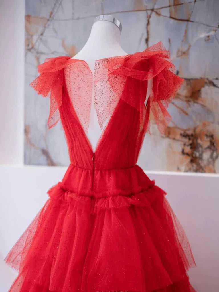 V Neck Red Tulle Layered Long Prom Dresses Ball Gown DP989