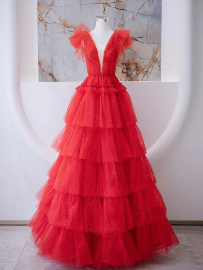 V Neck Red Tulle Layered Long Prom Dresses Ball Gown DP989