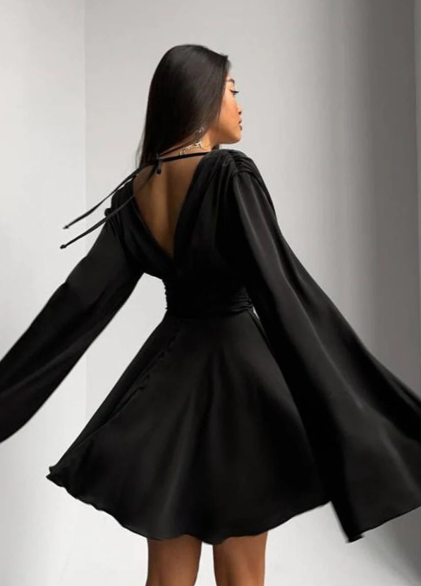 Cute A Line Long Sleeve V Neck Satin Short Homecoming Dress Outfits DP1583