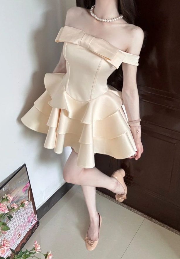 Cute A Line Off the Shoulder Bow Layered Light Champagne Satin Short Homecoming Dress Cocktail Dress DP2543