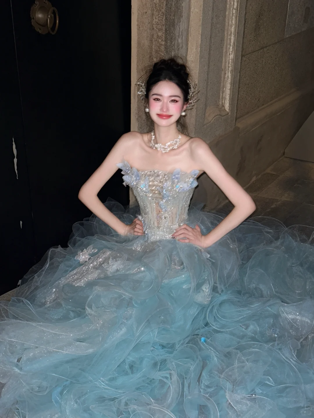 Elegant Ball Gown Strapless Beaded Butterfly Blue Organza Prom Dress 16th Birthday Dress DP4245