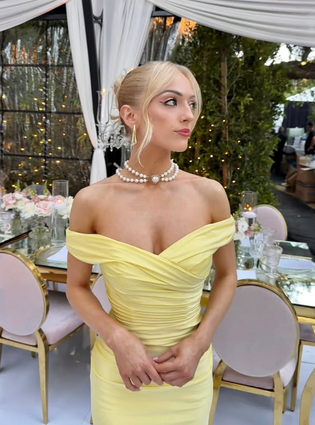 Pretty Yellow Sheath Off the Shoulder Satin Prom Dress Evening Dress Date Dress DP6193