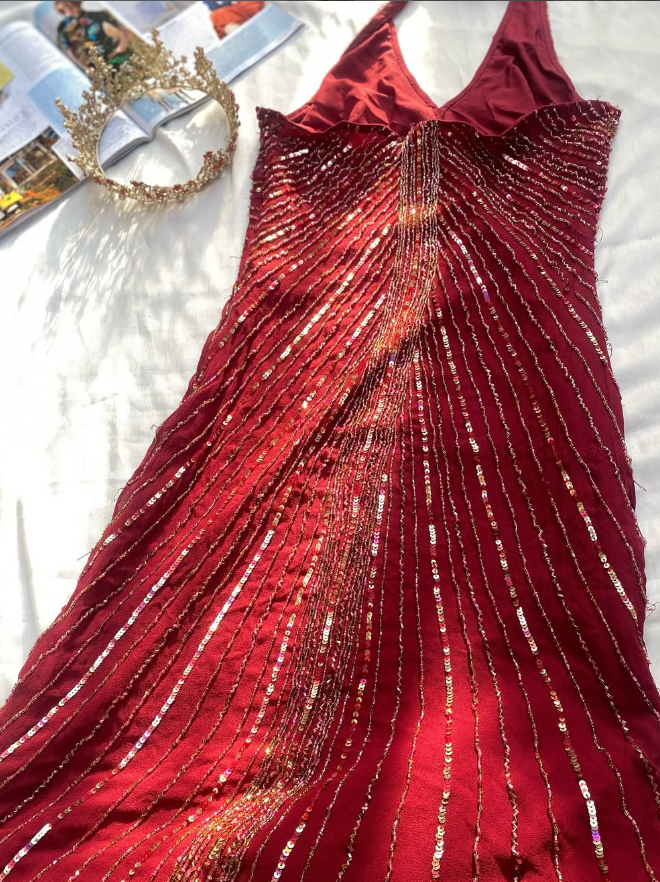Burgundy Mermaid Halter Beads Sequins Chiffon Prom Dress Evening Dress DP1373