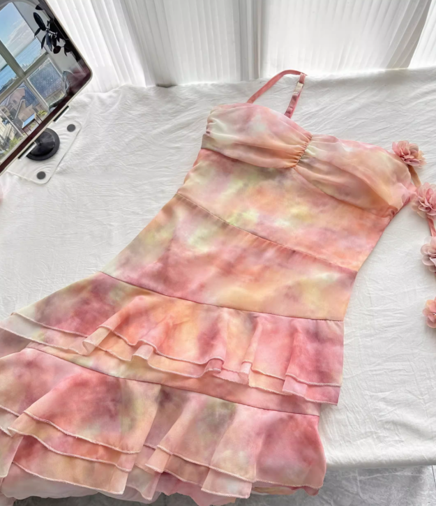 Multi-color Pink A Line One Shoulder Layered Chiffon Vacation Dress Homecoming Dress Outfits DP3543