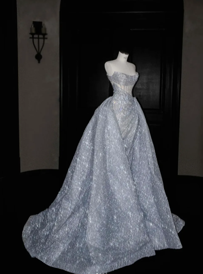 Stunning A Line Strapless Corset Silver Sequin Prom Dress Graduation Prom Dress DP1998