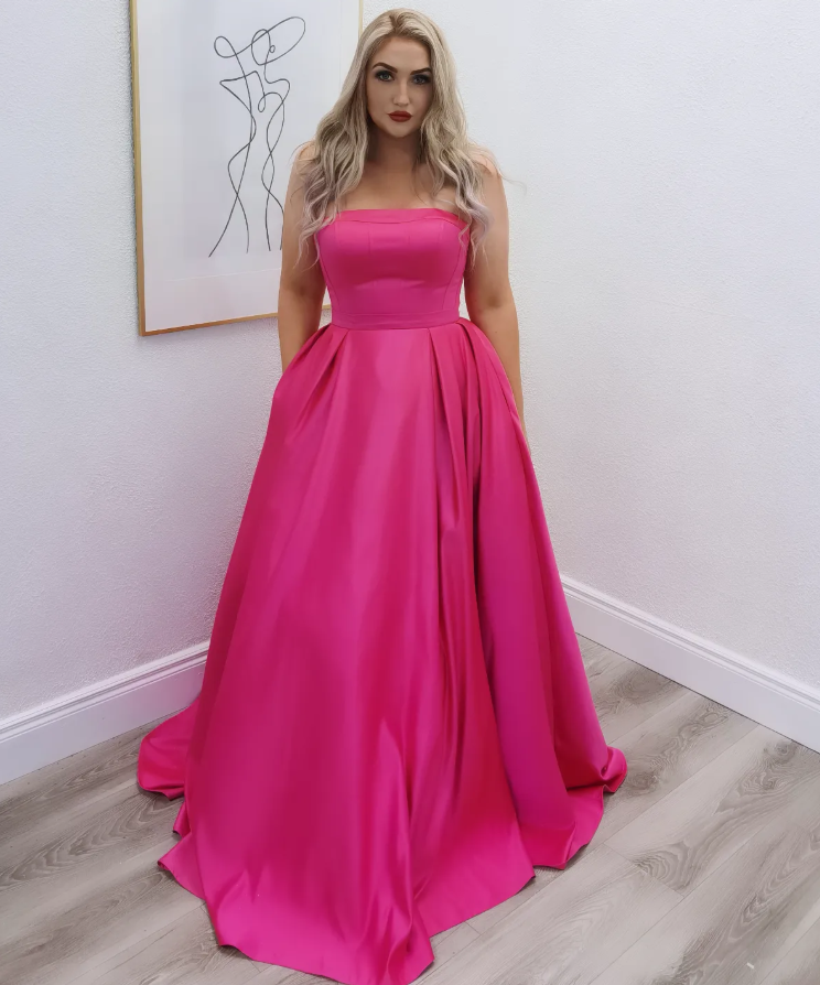 Hot Pink Simple A Line Strapless Satin Prom Dress Evening Dress DP6582