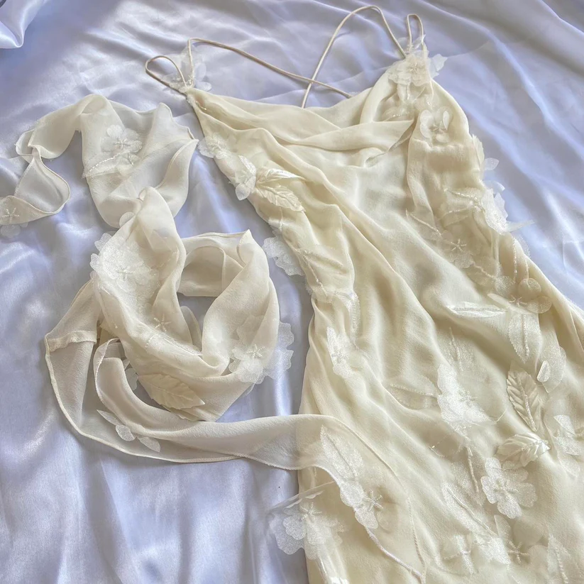 Flowy Retro Ivory Floral Chiffon Long Party Dress Date Dress DP2935