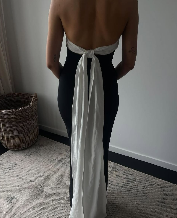 Sexy Sheath Strapless White Bow Black Satin Long Prom Dress Evening Dress DP1509