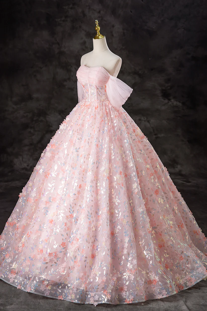 Pink Tulle Flowers Long Formal Dress Off the Shoulder Evening Party Dress DP490