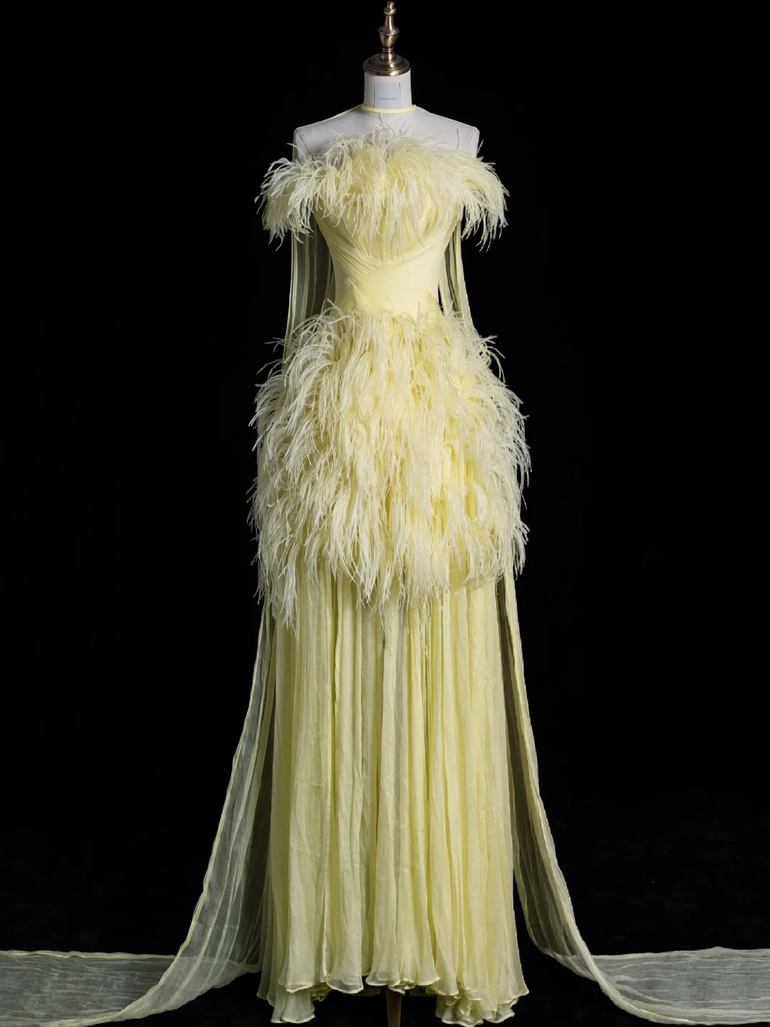 Light Yellow A Line Strapless Feather Tulle Long Prom Dress Graduation Prom Dress DP1970