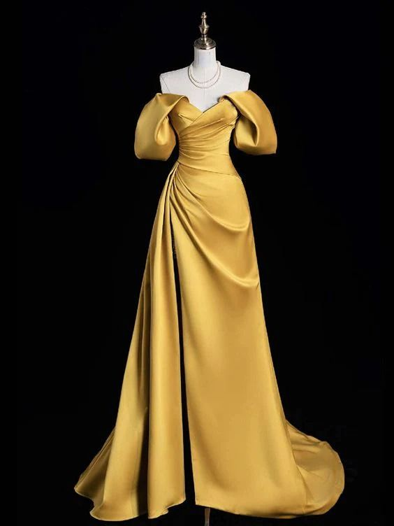 Off Shoulder Slit Satin Gold Long Prom Dress Evening Dress DP652