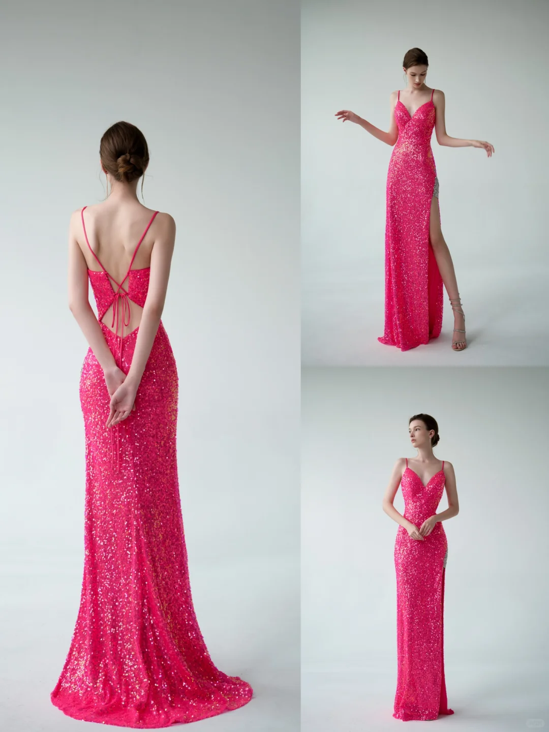 Sexy Mermaid Spaghetti Straps Pink Sequin Prom Dress Formal Gown with Slit DP3722