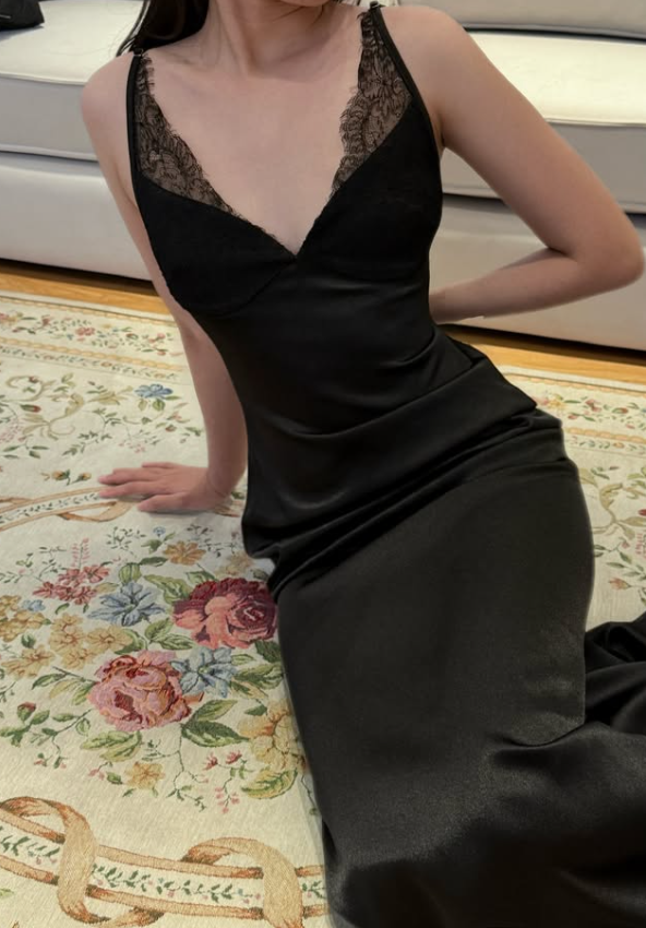 Elegant Black Sheath V Neck Lace Satin Prom Dress Evening Dress DP7947